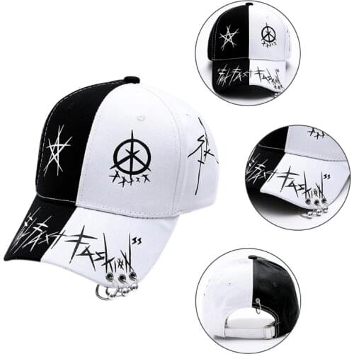 2021 New Men Women Black White Graffiti Printed Baseball with 3 Metal Rings Harajuku Hip Hop Adjustable Snapback Trucker Hat