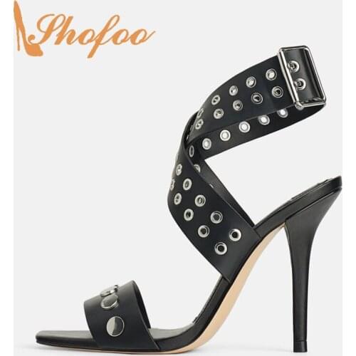 Black Ankle Wrap Rivets High Stilettos Sandals Woman Thin Heels Buckle Strap Large Size 12 15 For Ladies Fashion Party Mature