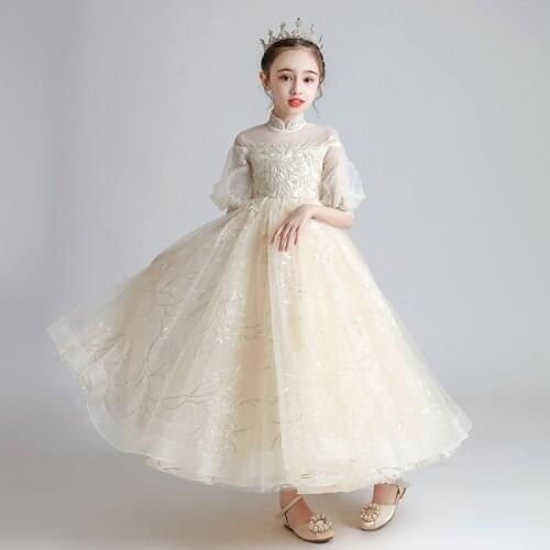 Champagne Flower Girls Dresses Princess Lace Sequined Ball Gown Tiered Floor-Length Half Tulle Embroidery Kids Party Dress D231