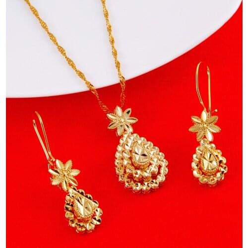 Flower African Dubai Bride Jewelry Sets 24K Gold Color Necklace Earrings Pendant Jewelry Gifts