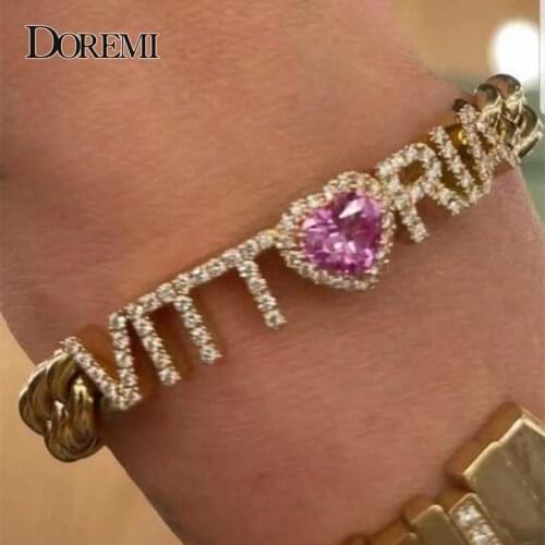 DOREMI Pink CZ Heart Custom Name Bracelets with Thick Cuban Chain Number Name Bracelet Zircon Chain Name Bracelet for Women Gift