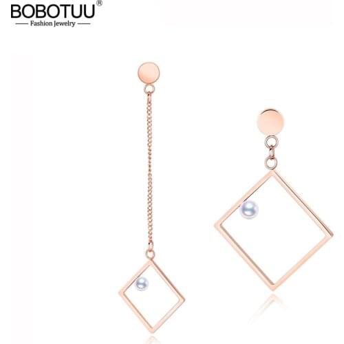 BOBOTUU Trendy Geometric Asymmetry Drop Earrings Titanium Steel Long Imitation Pearl Simple Dangle Earring Jewelry BE17096