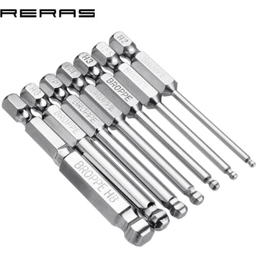 Broppe 7PCS S2 2/2.5/3/4/5/6/8mm 65mm Magnetic Ball Screwdriver Bits 1/4 Inch Hex Shank Screwdriver Bit Kit Set of tools Parts