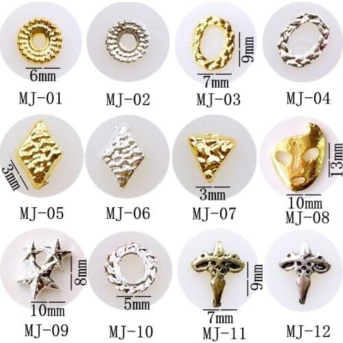 50pcs/pack metal nail art round loop oval rhombus triangle mask star armor 3d jewelry gel nails sticker decoration art tools