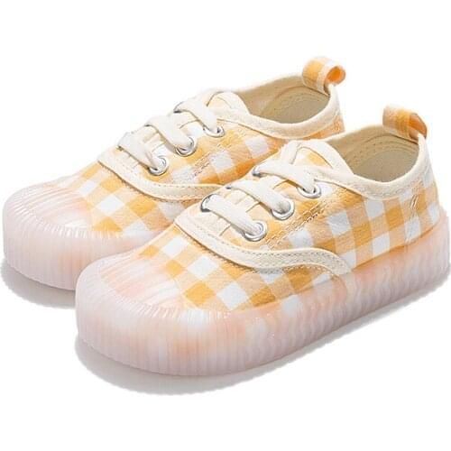 2021 New Childrens Lattice Canvas Shoes Biscuit Shoes Soft Bottom Breathable Cloth Cute Fashion for Boys and Girls All-match