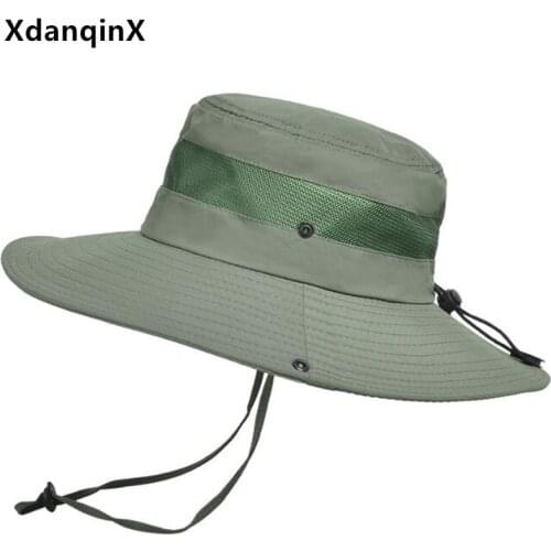 XdanqinX Multicolor New Summer Mens Panama Hat Mesh Breathable Bucket Hats Flat Cap Wind Rope Fixed Large Eaves Women Beach Hat