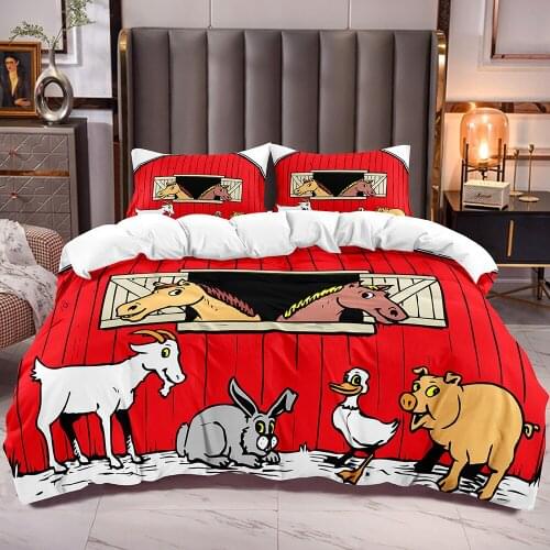 Cartoon Pattern Kids Duvet Cover with Horse Pig Duck Rabbit Sheep Print Boys Girls Bedding Comforter Cover