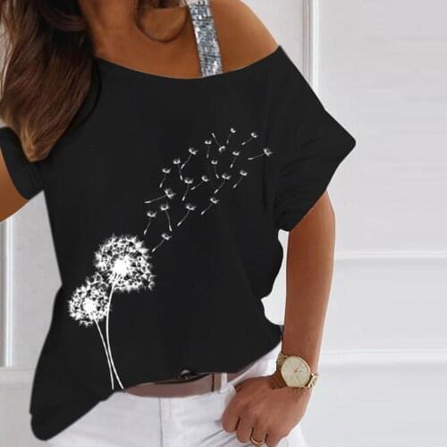 Sequined Floral Shirt For Women 2021 Summer Sexy Plus Size Womens Fashion Loose Shoulder Casual Short Sleeve Shirt Blouse