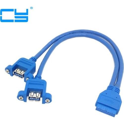 Blue 0.5m USB 3.0 Motherboard 20pin to USB3.0 Dual Ports A Female connector cable cord 50cm with Screw Mount Type 20CM 50CM