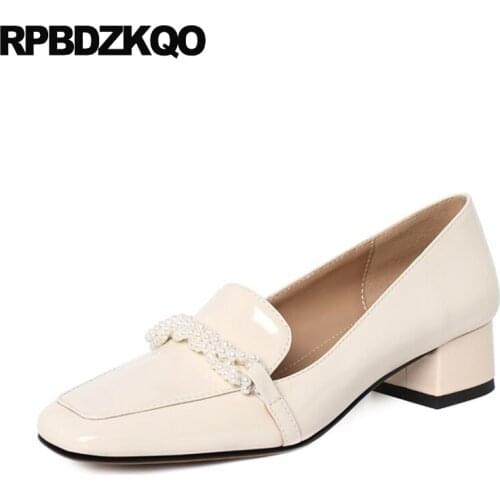Thick Pumps Girls Low Heels Patent Leather Pearl High Big Size Square Toe Bridesmaid Trending 10 42 Ivory Bridal Shoes Ladies