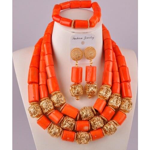 Gorgeous orange nigerian coral beads necklace jewelry set african wedding coral set C21-36-02