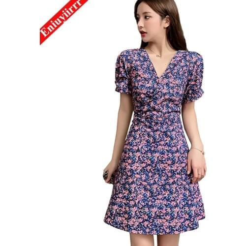 V Neck Floral Print Vintage Dress Hot Sales Women Summer Short Dresses Purple