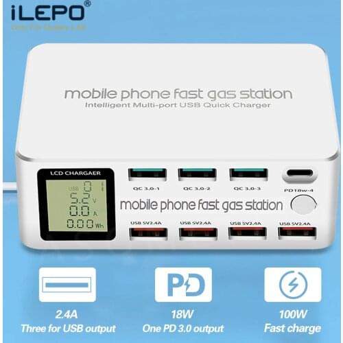 ILEPO 8 Port Smart USB Charger 100W Quick Charge 3.0 PD 3.0 Fast Charge Adapter LCD Multi USB Charger Station For iPhone X XS