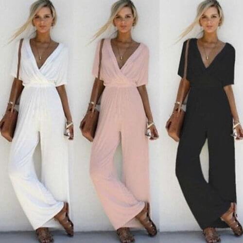 Arrival Women V Neck Loose Playsuit Party Ladies Bodysuits Jumpsuits Short Sleeve Long Jumpsuit S-XL