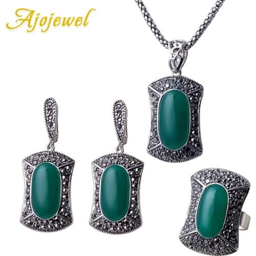 Ajojewel Big Stone Resin Vintage Style Full Of Small Black Rhinestone Square Pendant Jewelry Set Bijou For Women Ring Size 7,8,9