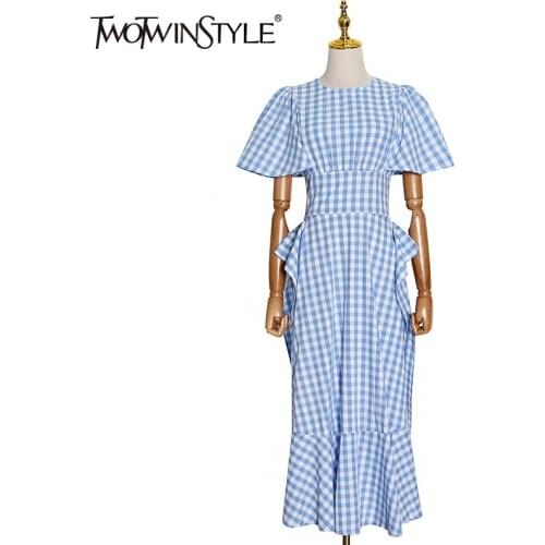 TWOTWINSTYLE Patchwork Plaid Women Dress O Neck Short Sleeve High Waist Ruffle Hit Color Elegant Dresses Female 2020 New Style