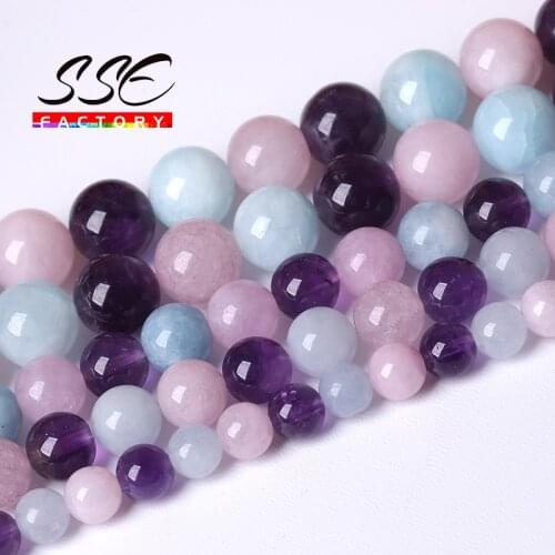 100% Natural Aquamarine Amethysts Kunzite Stone Beads For Jewelry Making Round Smooth Loose Bead DIY Charm Bracelet 6 8 10mm 15"