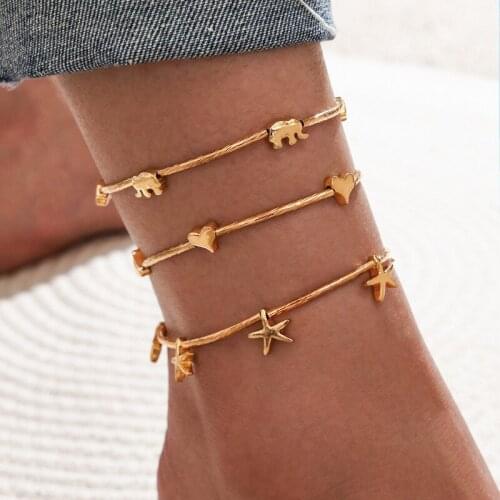 3 Pcs/Set Elephant Starfish Heart Anklets Set Fashion Bohemia Handmade Gold Anklets for Women Beach Foot Jewelry Accessories