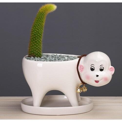 Ceramic Animal Flowerpot with Leaking Hole Saucer Trays Decorative Succulent Planter Pot Garden Desktop Decoration