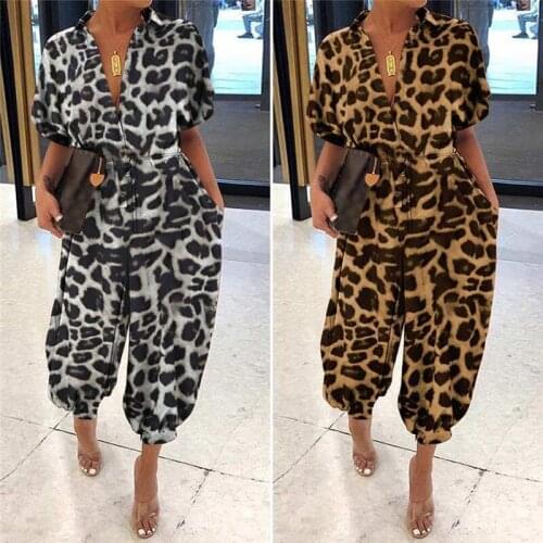 Summer Romper Women Sexy Leopard Print Retro Jumpsuits Short Sleeve Casual Loose Buttons Cargo Pants Overalls