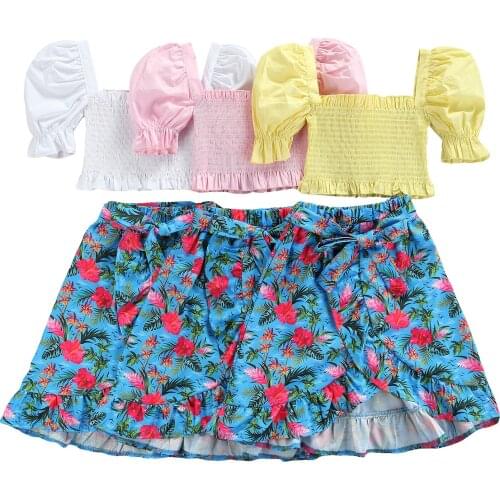 New 3Pcs Sweet Style Girls Outfit, Summer Solid Color Puff Sleeve Ruched Short Tops + Floral Printing Half Skirt + Belt Set