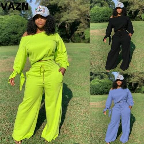 VAZN Gym Sport Running Night Club Young Lady Sets Print V-neck Casual Lady Sexy 2020 Set full sleeve 2 Piece Sets