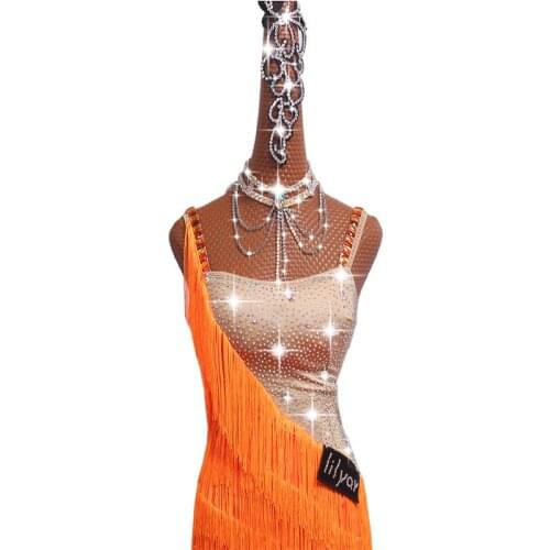 Latin Dance Competition Costume Performing Costume Tassels Skirt Slant Shoulder Coloured Diamond Brilliant #LD043