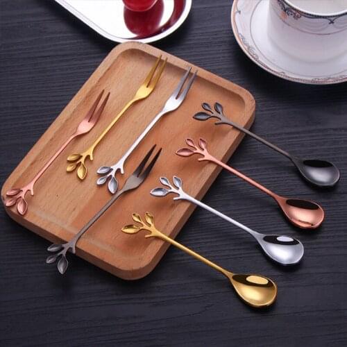 Stainless Steel Spoon Fork Creative Branch Leaves Shape Ice Cream Dessert Spoon Fruit Fork Retro Coffee Stirring Spoon Tableware