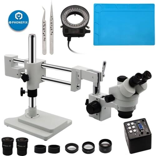 3.5-90X Simul-Focal Double Boom Stand Trinocular Stereo Zoom Microscope 38MP 2K HDMI Camera 56 Ring Light Soldering Microscope