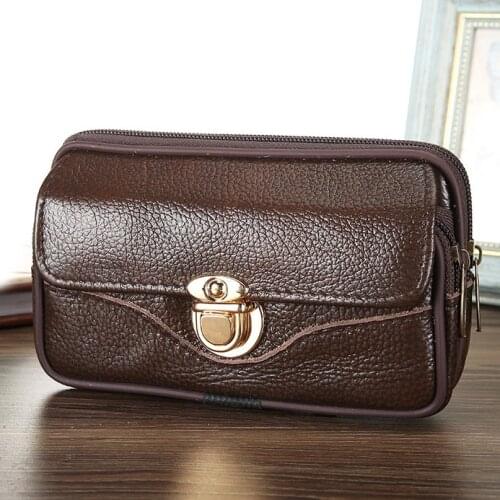 Fashion Men Fanny Pack For Mobile Phone Male Brown Lock Zipper Coin Purse Soft PU Leather Bag Casual Waist Packs Bags Billfold