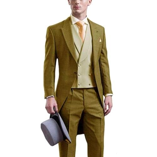 Fashion 3 Pieces Mens Yellow Suit Classic Design Suit Shawl Lapel Tailcoat Tuxedos For Party(Blazer+vest+Pants)2020