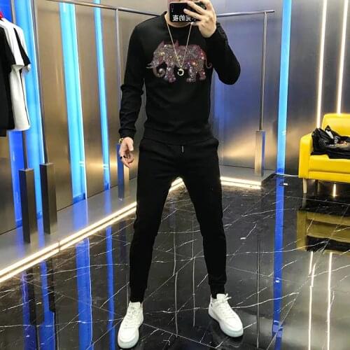Male Sportswear Hot Diamond Sweatshirt Mens Sets Track Suit Cotton Jogging Fitness Hoodie + Pants Loose Black Tracksuit