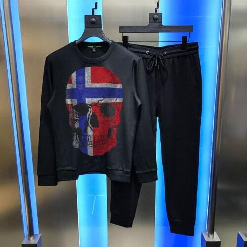 Neck Oversized Jogging Hot Rhinestone Hip Hop Diamond Skull Mens Tracksuit Casual Sets Warm Autumn and Winter Round