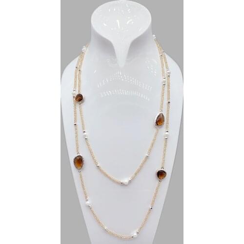 Irregular Smokey Quartz Long Necklace With 2mm Crystals Topaz And 5-6mm White Freshwater Pearls Hammered Silver Beads 50 Inch
