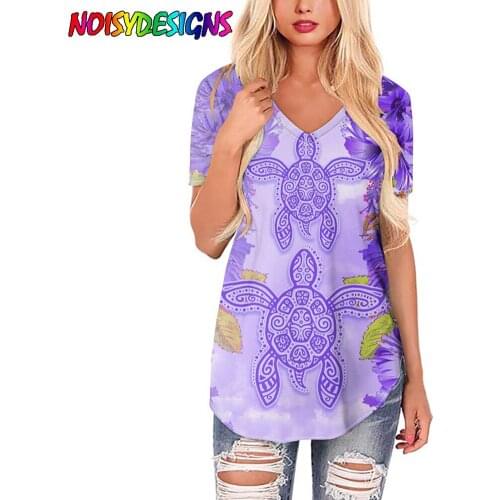 NOISYDESIGNS Plus Size V-neck Polynesian Hibiscus Turtle Pattern Women Short Sleeve T-shirt Summer Harajuku Tshirts Ladies