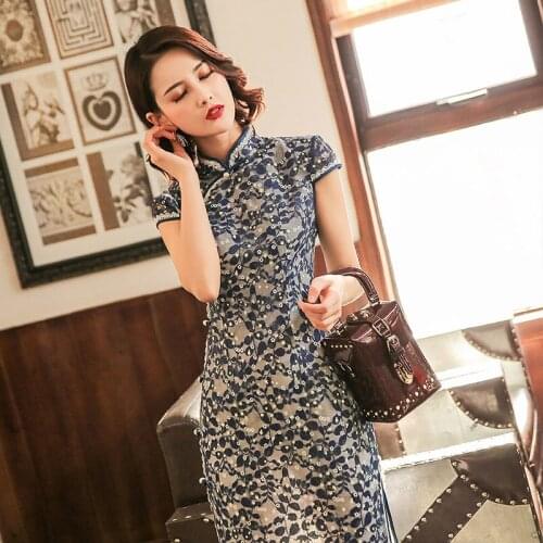 2020 New Embroidery Hollow-Out Long Style Lace Cheongsam Fashion Slim Sexy Dress Lace Cheongsam Classic Modern Qipao 롱원피스
