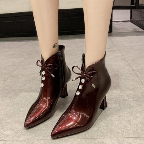2021 Newest Boots Patent Leather Women 's Autumn Knot Winter Boots Fashion 's High-heel Short and Bow Goth Zipper Leisure Boots