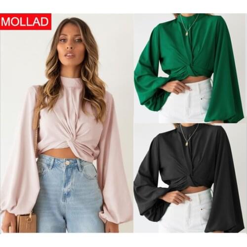2020 Spring and Autumn New Hot Sale Sexy Show Belly Solid Color Lantern Sleeve Twisted Top