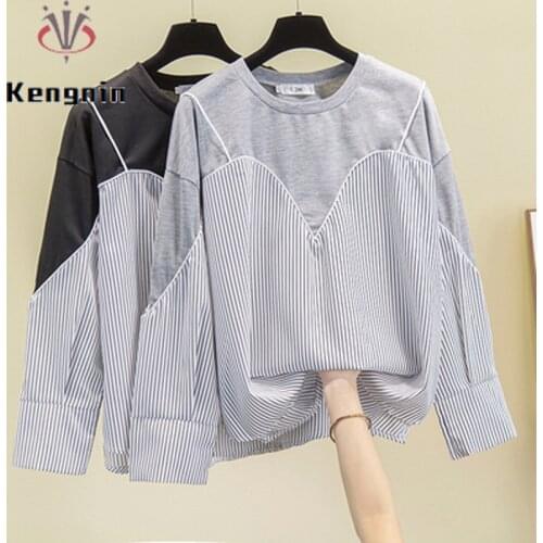 Autumn Winter Women Hoodies Loose Oversized 4XL Striped Patchwork Ladies Pullovers Long Sleeve Fake Two Piece Female Tops KE1759