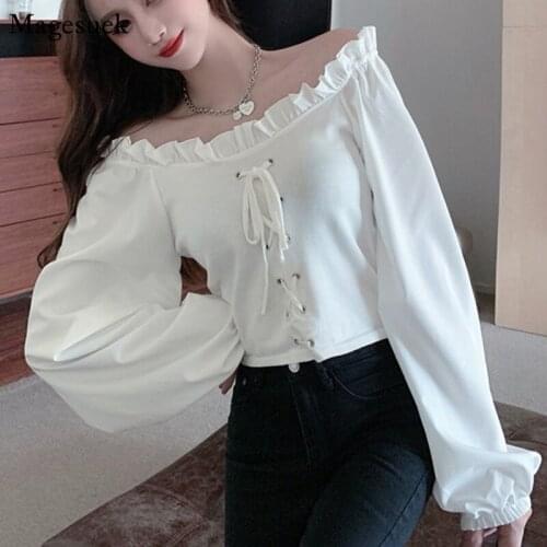 Autumn Short Cotton White Blouse Women Casual Drawstring Vintage Women Blouses Off Shoulder Long Sleeve Shirt Women Top 11352