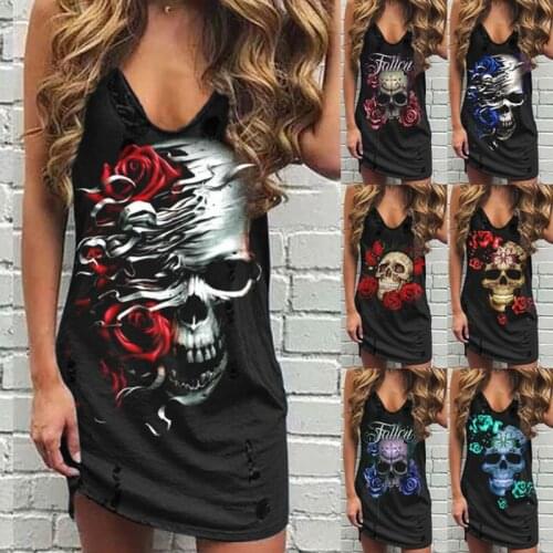 Tank Dress Women Sleeveless Summer Fashion Skull and Rose Print V-collar Casual Loose Plus Size Female Multi-colored Dress