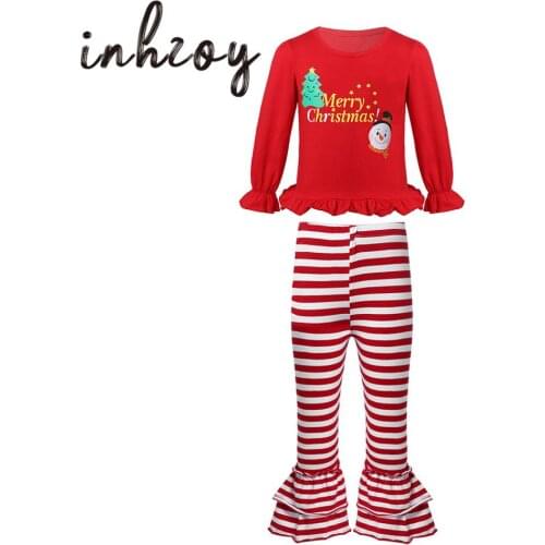 Christmas Costume Kids Girls Long Ruffled Sleeve Tops With Striped Flared Pants Set Children Christmas Cosplay Party Dress Up