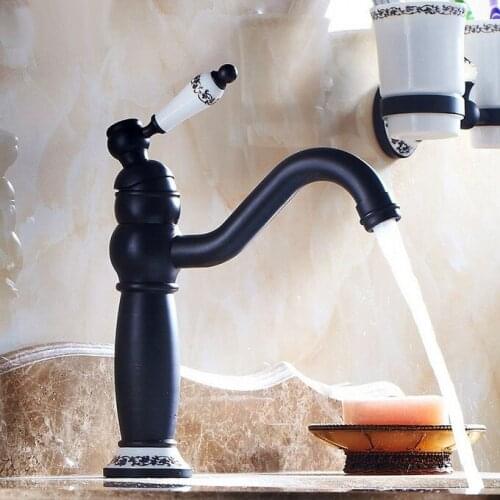 Bathroom Faucet Black Oil Rubbed Bronze finish Ceramic Flower Pattern Basin Sink Faucet Single Handle water taps anf507