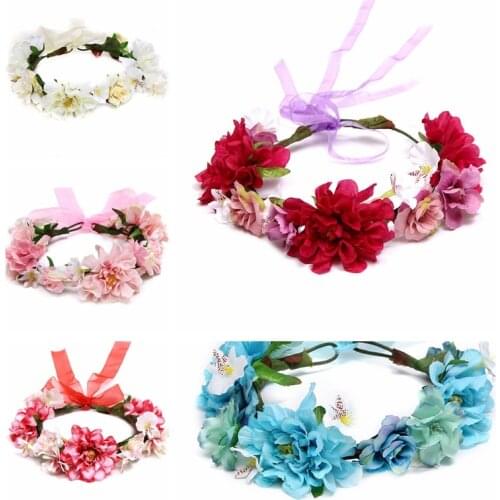 Bride LIly Flower Crown Wedding Diadem Floral Headband Garland Ribbon Bow Girl Flower Wreath Women Tiaras Hair Accessories