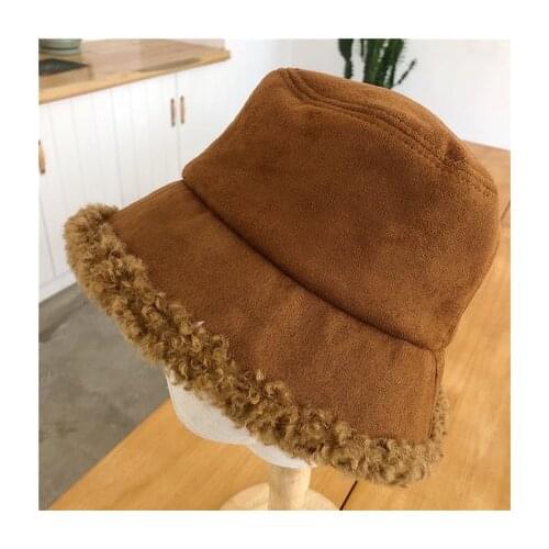 Warm Women Bucket Hat Winter Suede Artificial Fur Thick Warm Plush Female Cap Wool Fleece Fisherman Caps Sunscreen Panama Cap