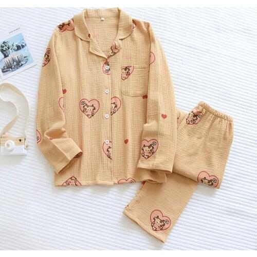 Spring Cotton Women Pajamas Double-layer Gauze Thin Sleepwear Long-sleeved Crepe Lounge Wear Cartoon 2 Piece Loose Home Clothes
