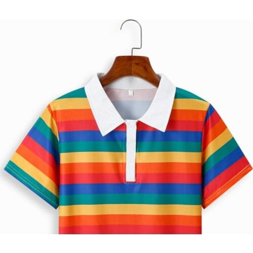 QRWR Korean Women T Shirts 2021 Summer Rainbow Striped Short Womens Top Cute Casual Lapel Short Sleeve T Shirt For Girls