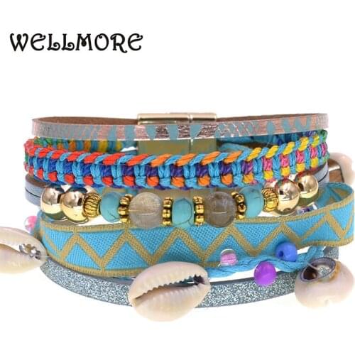 WELLMORE handmade shell BOHEMIA Bracelets for women leather bracelet Beaded stone charm bracelet fashion Female Jewelry