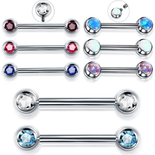 1PC G23 Titanium Opal Nipple Shiled Bars 14G Internally Thread Sexy Mamilo Piercings Tongue Barbell Piercings Body Jewelry
