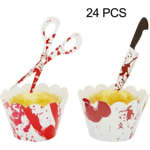 24pcs Bloody Knife Scissors Cake Toppers Handprint Cupcake Wrappers Liners for Halloween party Cake Decoration Supplies